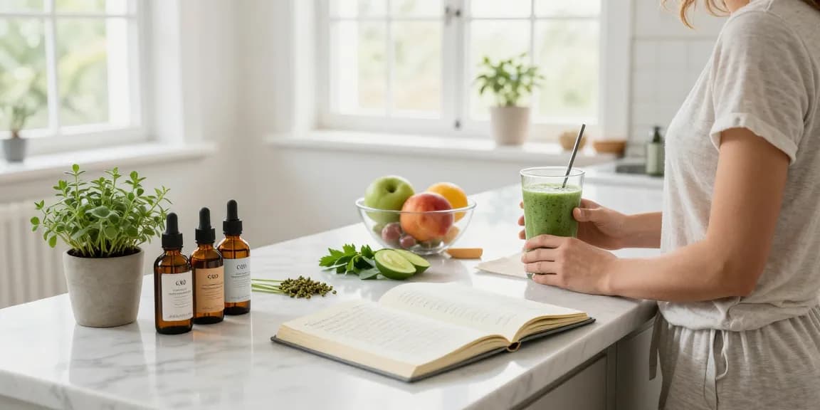 THC vapes UK displayed in a bright kitchen scene with CBD oil and fresh ingredients for natural wellness.