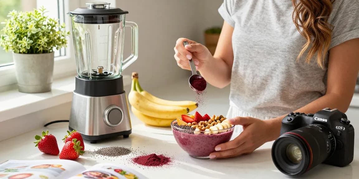 Camu camu powder being added to a smoothie bowl with vibrant fruits and nuts, showcasing healthy cooking.
