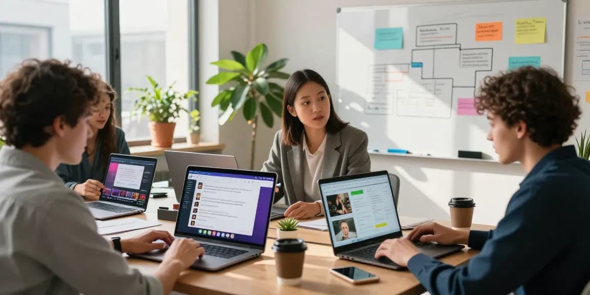 Team collaborating on NSFW content strategies in a vibrant office.