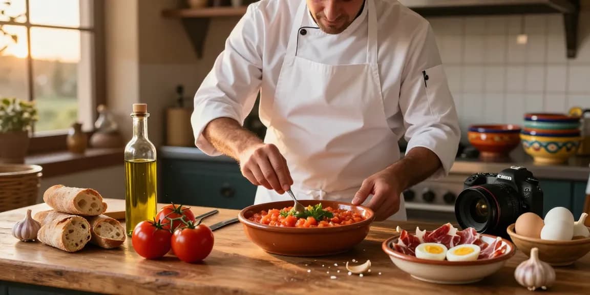 Chef preparing best salmorejo near me using fresh ingredients in a rustic kitchen.