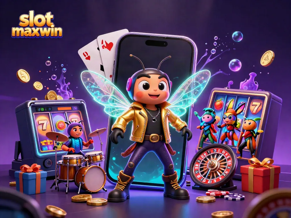 Experience the thrill of slot maxwin with a vibrant rock star scene featuring animated characters and dynamic casino elements.