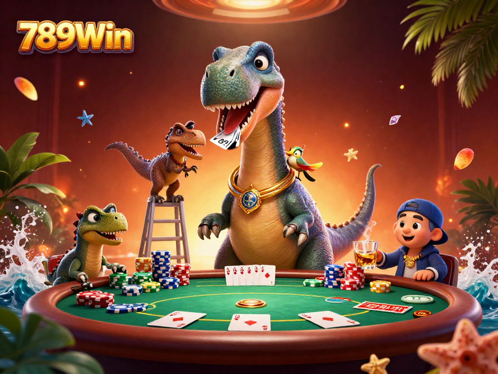 Experience thrilling poker at 789Win with a 3D dinosaur theme and vibrant casino elements.
