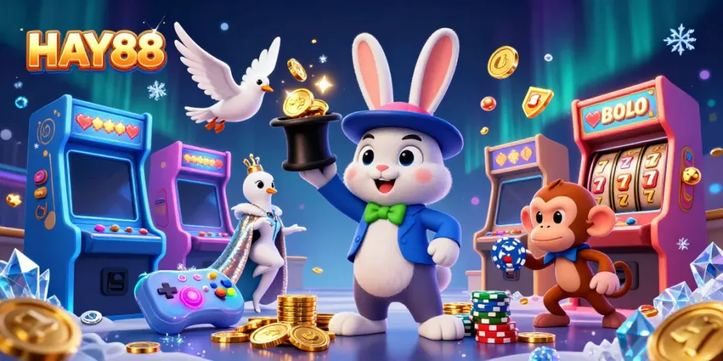 Engage with HAY88 as a cartoon magician rabbit conjures coins in a dynamic casino scene.