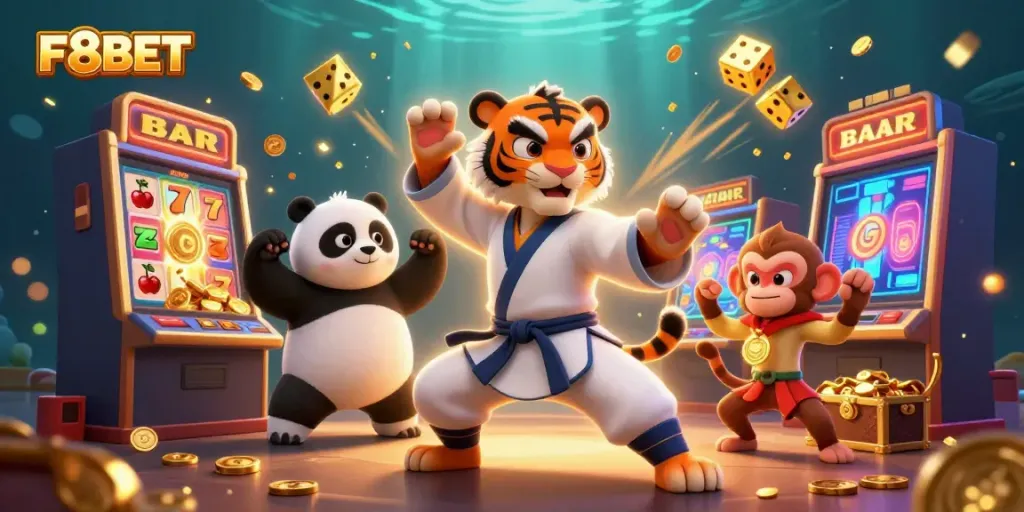 Win big with F8BET: A vibrant 3D illustration of a kung fu tiger and friends celebrating casino jackpots.