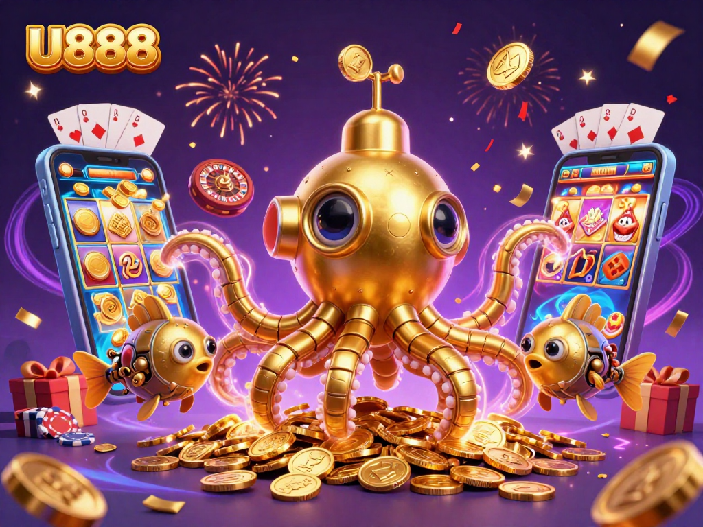 Experience U888's thrilling gaming with a golden kraken and mechanical fish in a dynamic casino scene.