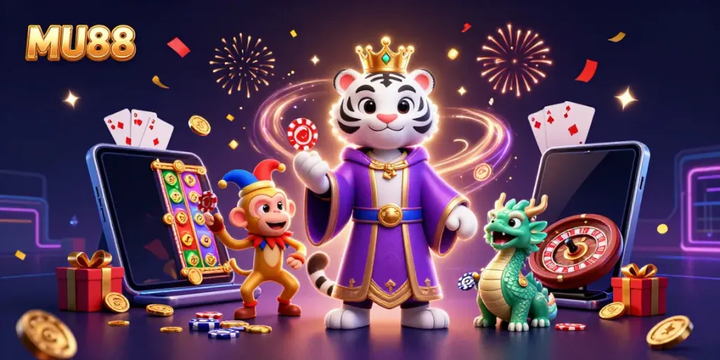 MU88 brings excitement with a white tiger, monkey, and dragon amidst a vibrant casino scene.