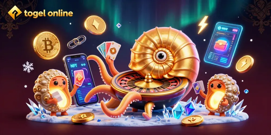 Engage in togel online with dynamic 3D illustration of a nautilus roulette and glowing crypto coins.