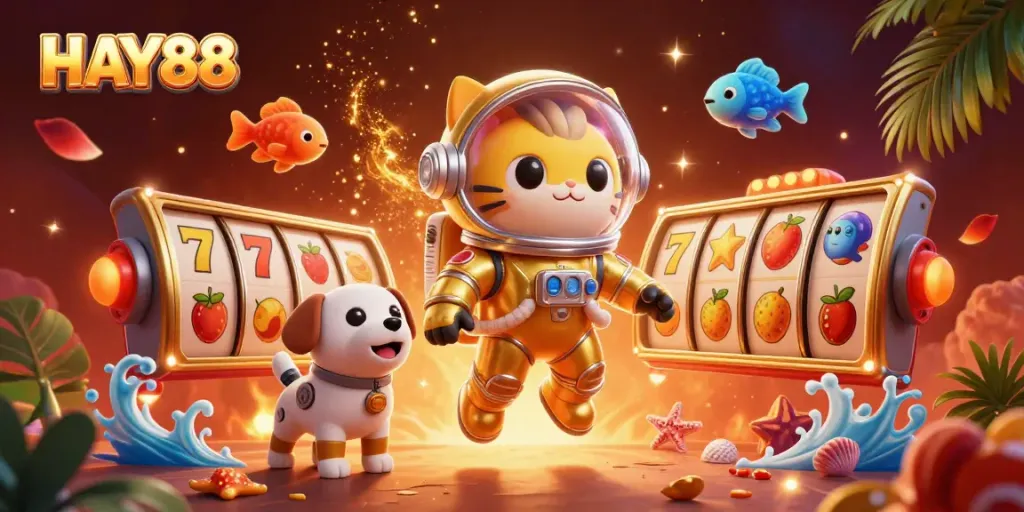 Experience thrilling action with HAY88, featuring a golden space cat and slot elements in a vibrant cosmic scene.