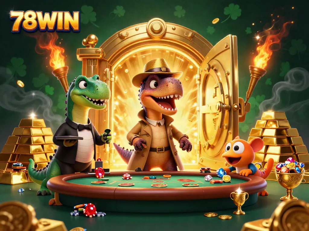 Experience thrills at 78WIN with a velociraptor card counter, gold treasures, and live casino excitement.