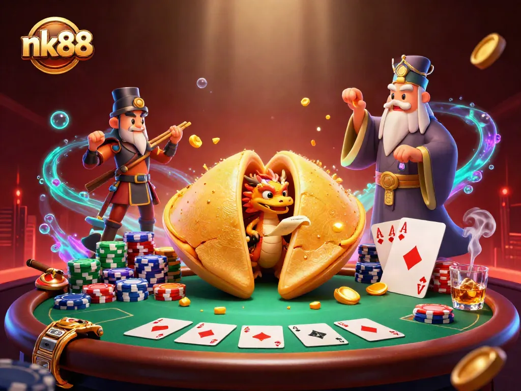 Play poker with nk88, featuring a golden fortune cookie and guardian characters in a lively casino scene.