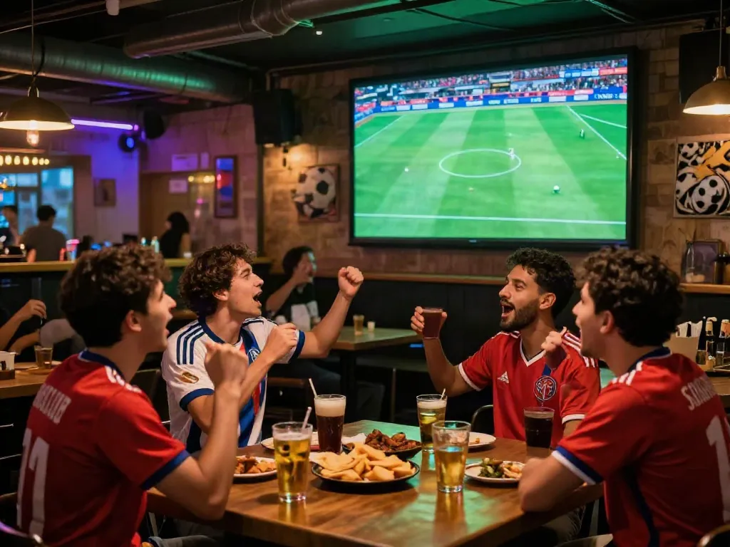 Excited fans enjoying live soccer matches at Socolive in a bustling bar atmosphere