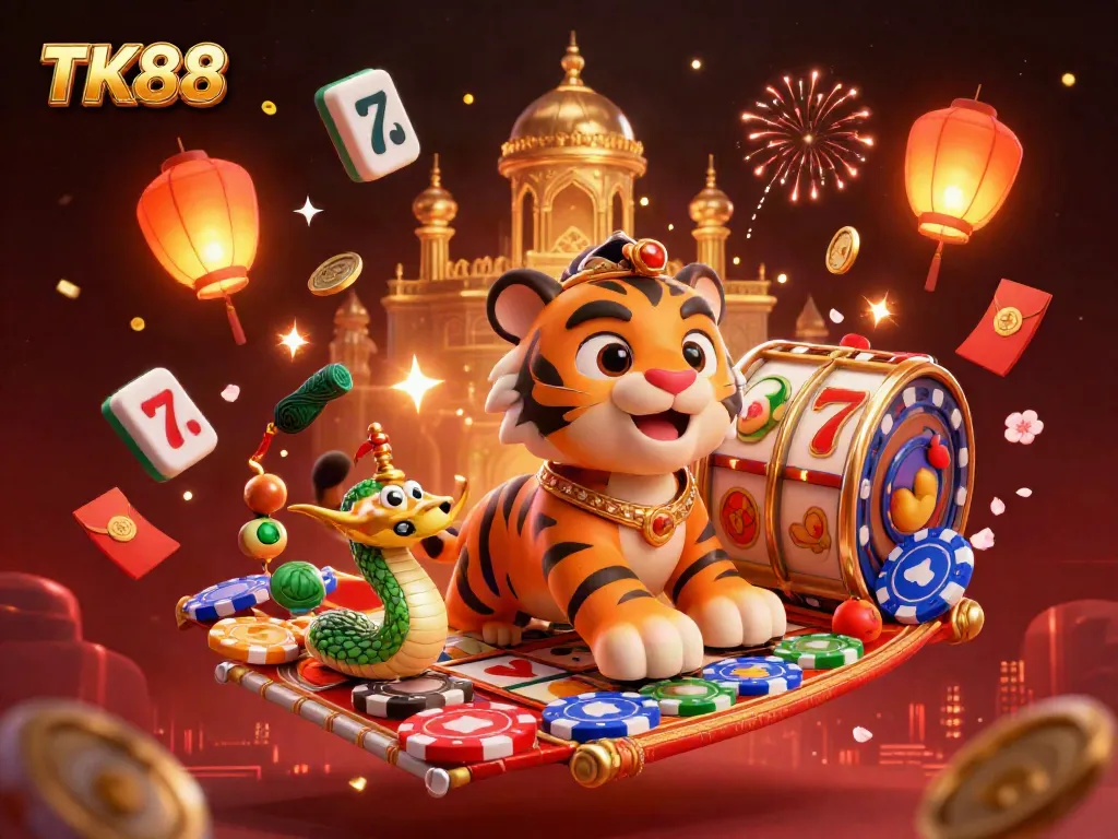 Experience TK88 with a vibrant casino scene featuring a tiger sultan on a poker chip carpet amid floating slot reels and festive fireworks.