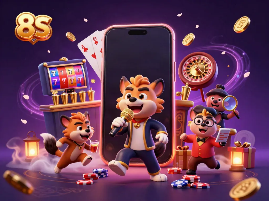 Experience vibrant comedy with 8S as hyenas perform in a lively casino scene, showcasing slot games and drinks.