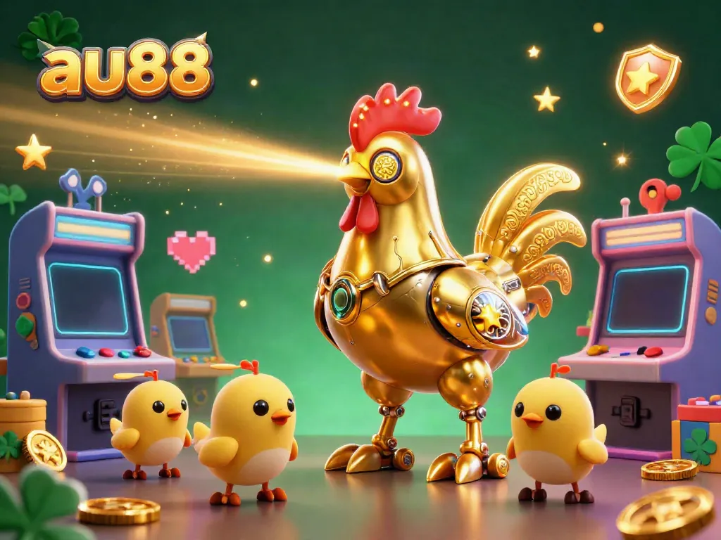 Win big with au88 in this vibrant casino illustration featuring a retro-futuristic golden rooster robot.