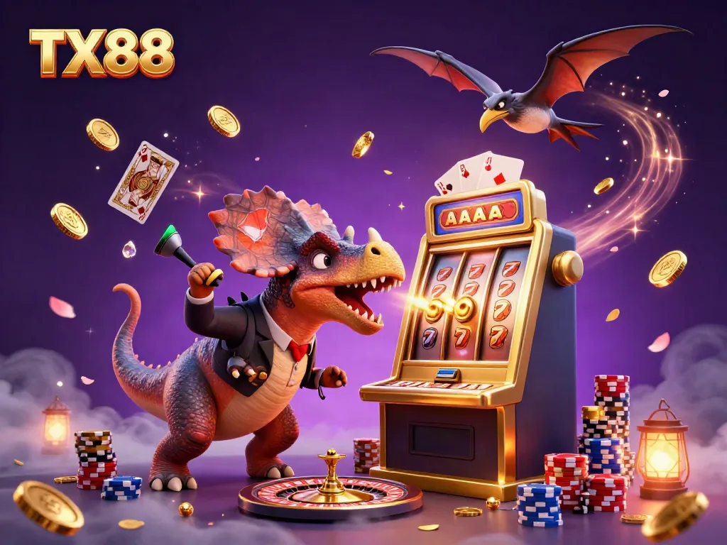 Experience excitement at TX88 with a dinosaur activating a slot machine jackpot amidst vibrant casino elements.