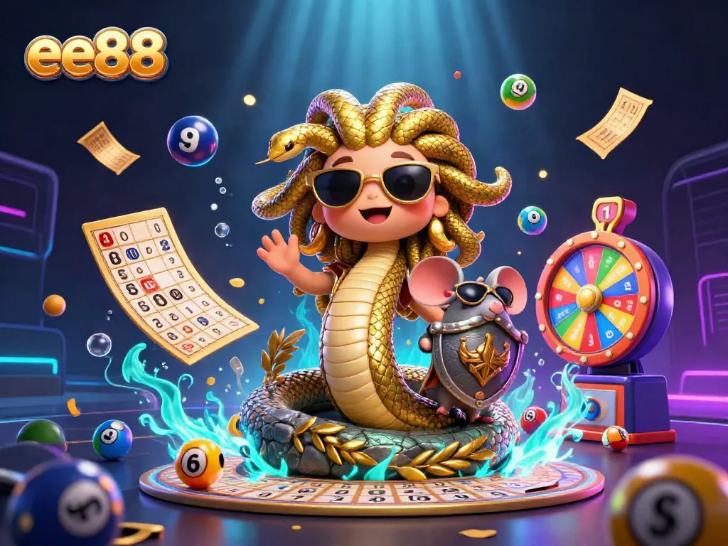 Engage in thrilling gambling with ee88's lively 3D illustration showcasing a festive casino scene.