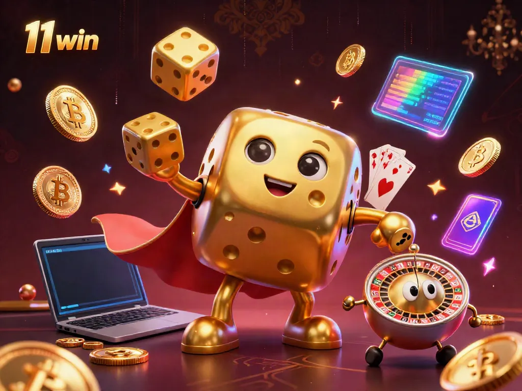 Engaging scene showcasing 11 win characters celebrating with vibrant casino elements and cryptocurrency.