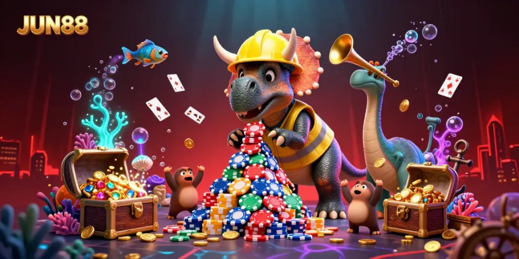 Experience energetic fun with JUN88 at a vibrant casino scene featuring cartoon dinosaurs building poker chip pyramids.