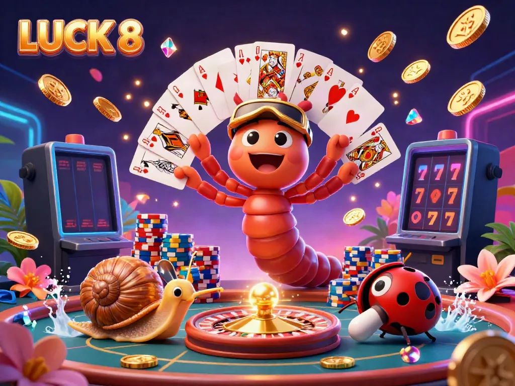 Experience the thrilling action at LUCK 8 casino with vibrant characters and sparkling elements.