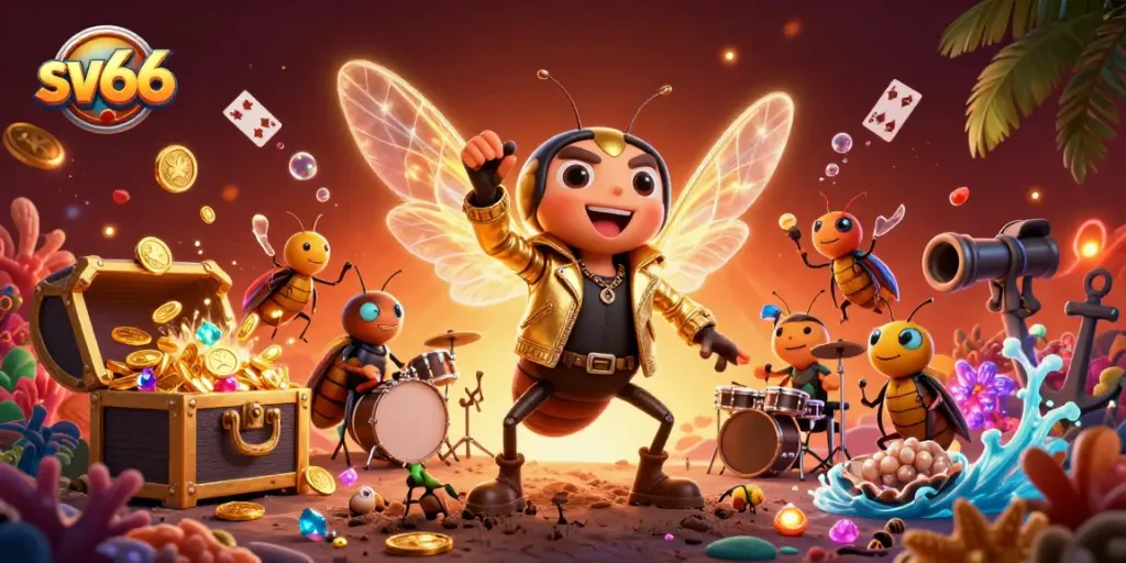 Engage in sv66 gambling adventure with a vibrant rock star, drummer, and colorful casino elements.