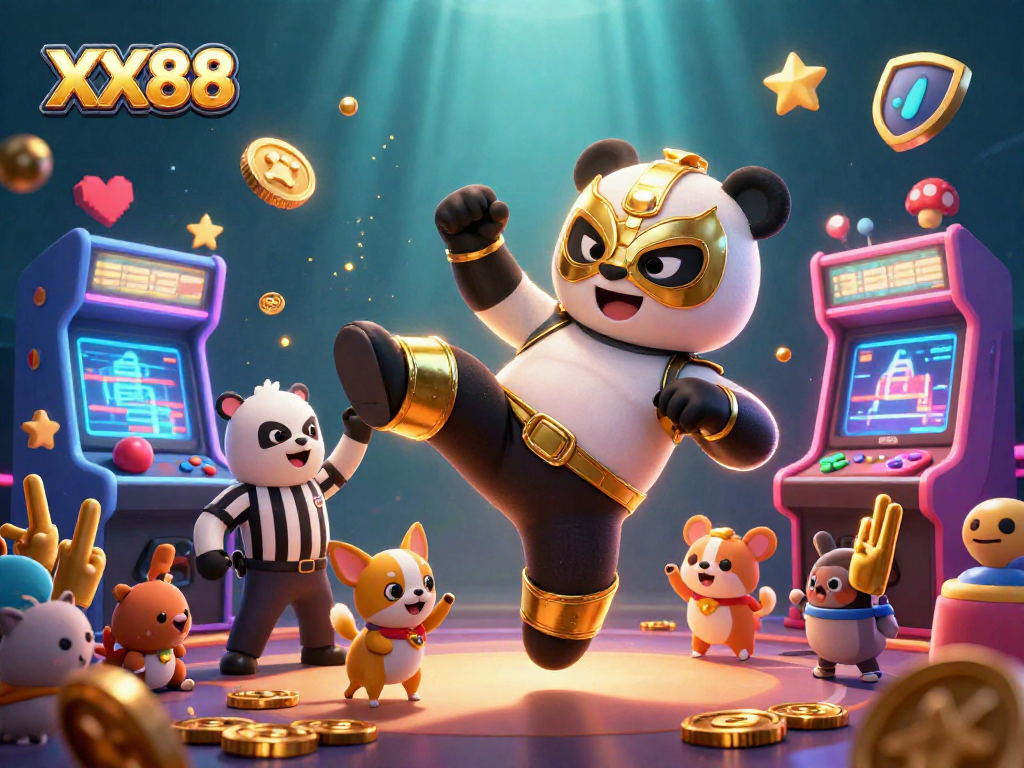 Witness the dynamic world of XX88 as the wrestling panda leaps into excitement amidst colorful gaming elements.