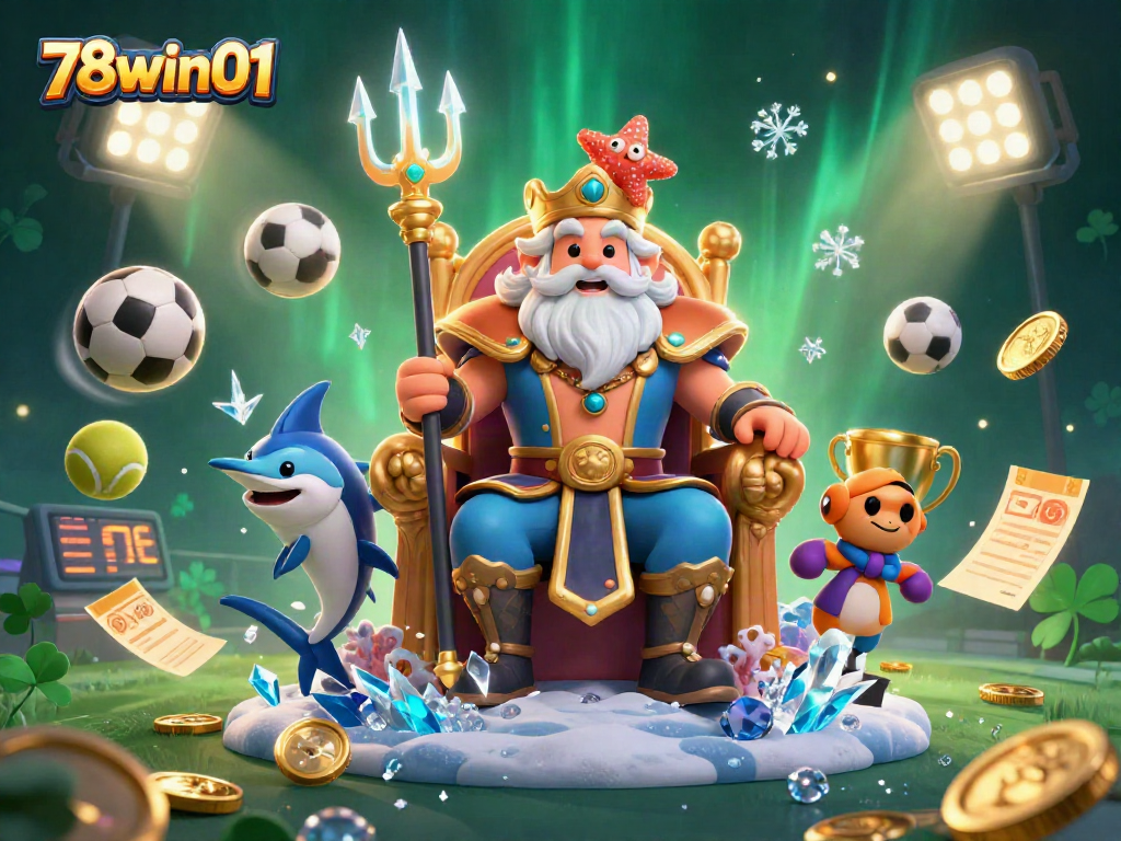 Join the action at 78win01 with Neptune and his samurai bodyguard amid vibrant sports elements.