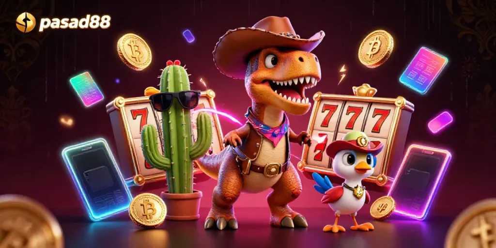 Engage in thrilling slots action with spasad88 in a vibrant 3D casino scene featuring a T-Rex and friends.