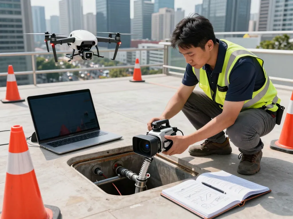 CCTV Drainage Surveyors London using advanced technology to inspect underground drainage systems in an urban environment.