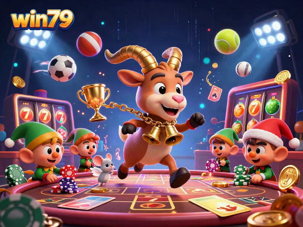 Win79 offers thrilling gaming experiences with a festive casino scene featuring unique characters in a dynamic environment.