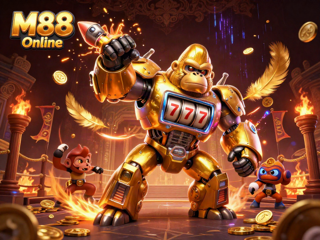 M88 Online showcases a golden gorilla mech and monkey pilot in a dynamic casino battle scene.