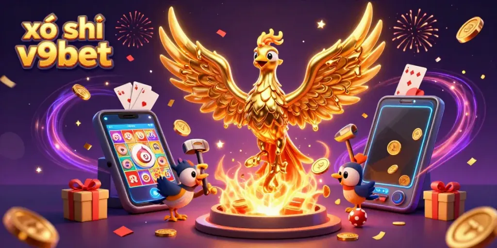 Experience the excitement of xổ số v9bet with a golden phoenix and lottery elements in a dynamic illustration.