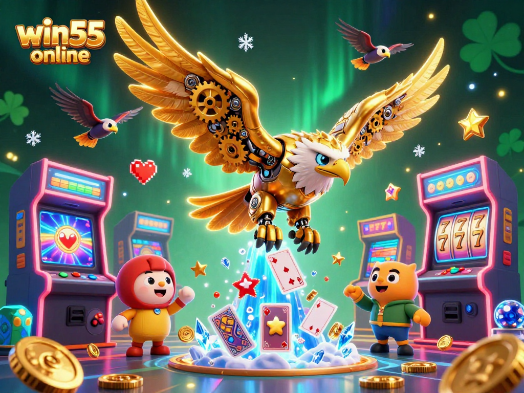 Experience the thrill of win55 online with this vibrant 3D illustration showcasing casino elements and captivating characters.
