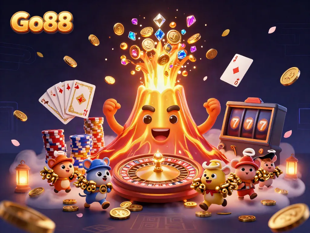 Experience the thrill of Go88 with endless treasures as a golden volcano erupts with coins and gems.