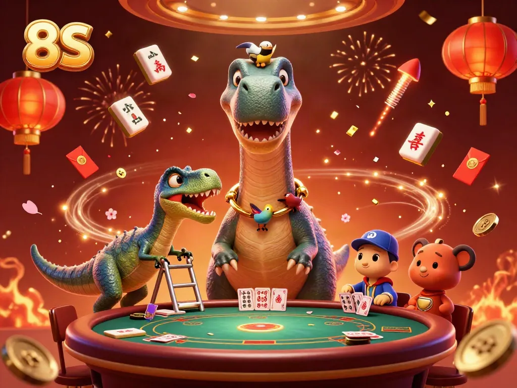 Experience the thrilling casino world with 8S as colorful characters celebrate around a poker table.