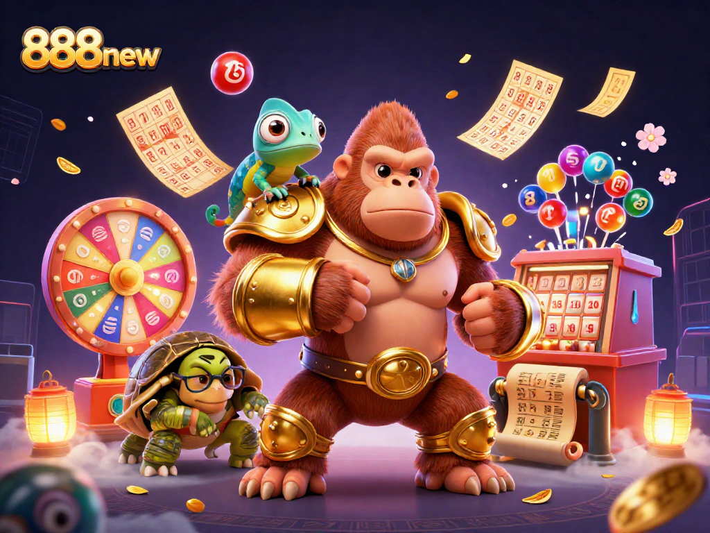 Engage with 888new's dynamic lottery scene featuring a gorilla king and vibrant game elements.