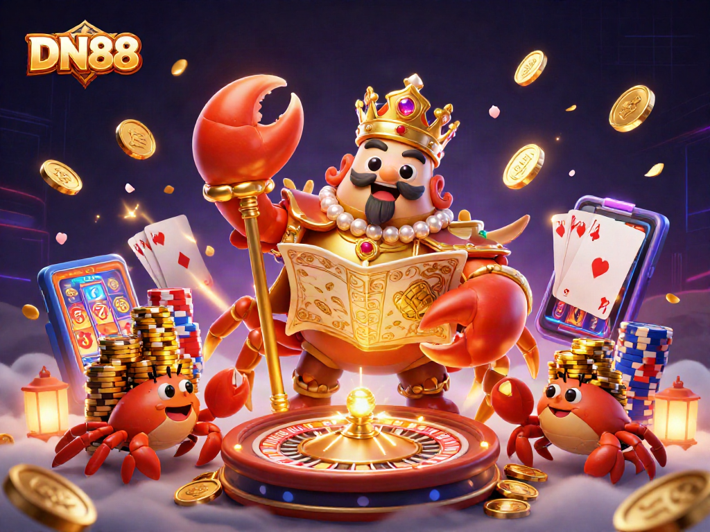 Engage with the thrilling DN88 casino adventure featuring a golden crab emperor and dynamic gaming elements.