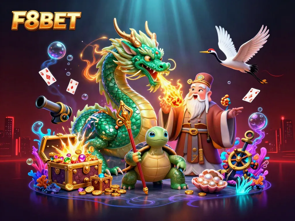 Experience thrilling gaming at F8BET with vibrant dragons and treasure in an immersive casino environment.