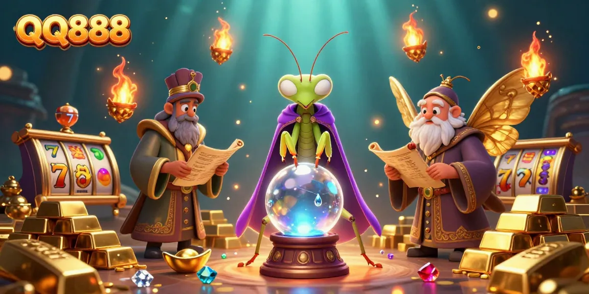 Win big with QQ888 in a vibrant, dynamic casino-themed illustration featuring fortune tellers and treasures.