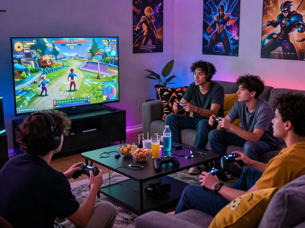Friends enjoying an adult game night in a cozy living room with gaming consoles and snacks.