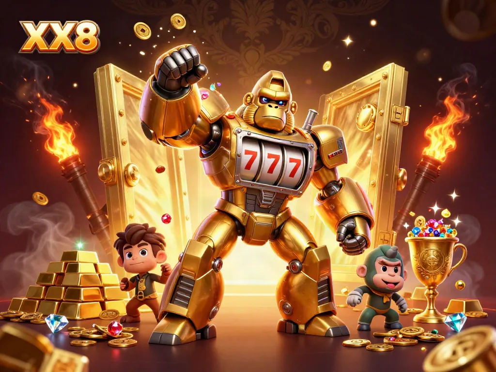 Engage in thrilling casino action with XX8 as a golden gorilla mech displays spinning reels and treasures.