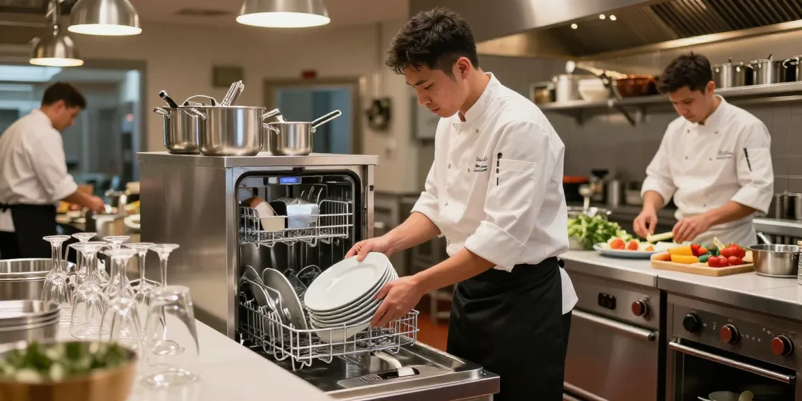 Commercial Dishwashers & Glasswashers in a bustling kitchen, showcasing a chef cleaning dishes efficiently.