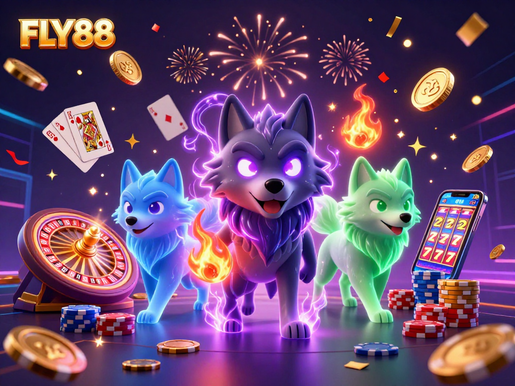 Experience FLY88's thrilling gaming with vibrant characters, gold coins, and engaging slot machines.