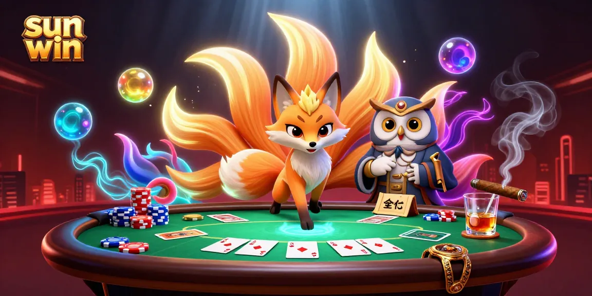 Engage with the vibrant sun win poker scene featuring a mystical fox, sage, and colorful game elements.
