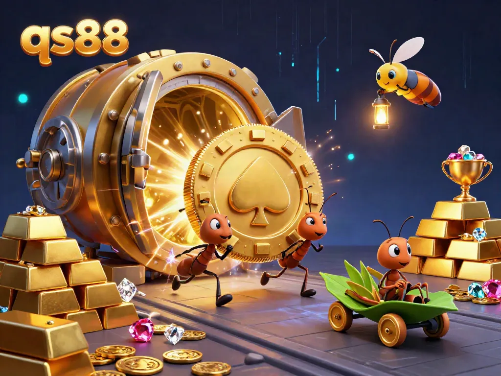 Experience the excitement at qs88 with ants in a heist, showcasing vibrant casino elements and treasures.