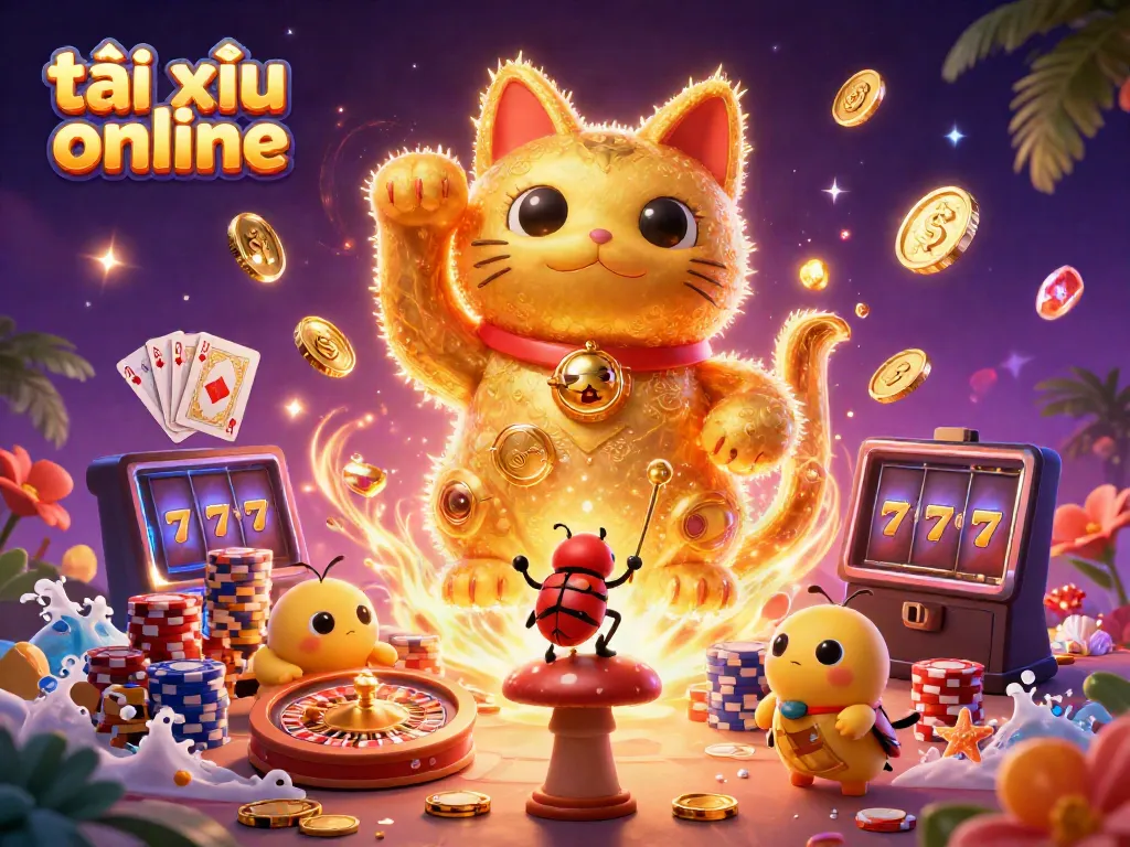 Experience the excitement of tài xỉu online with a vibrant scene of a lucky cat and casino symbols.