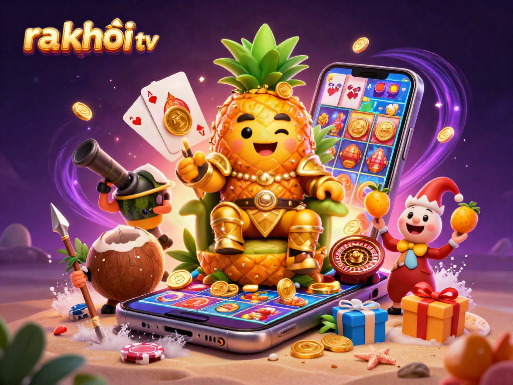 Engage with ra khơi tv's vibrant casino scene featuring a golden pineapple king and animated gaming elements.