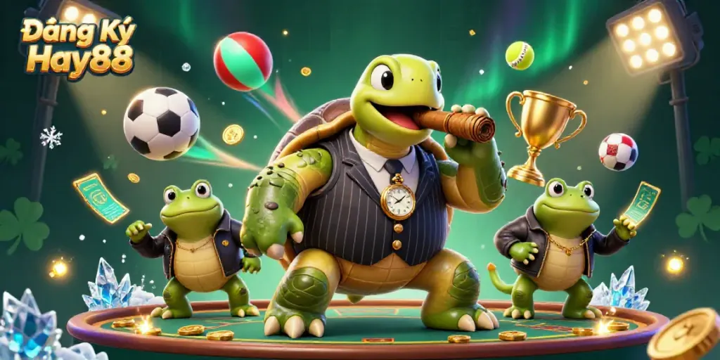 Join the gaming action with "Đăng Ký Hay88" featuring a glamorous casino scene with dynamic sports elements.