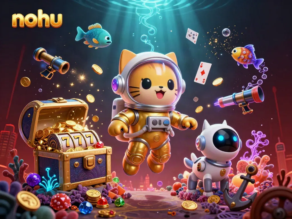 Experience the thrilling world of nohu with a dynamic cartoon scene featuring a space cat, robot dog, and immersive gaming elements.