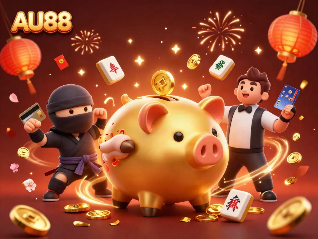 Join the action at AU88, a dynamic scene with a golden piggy bank sumo wrestler, coins, and red lanterns.