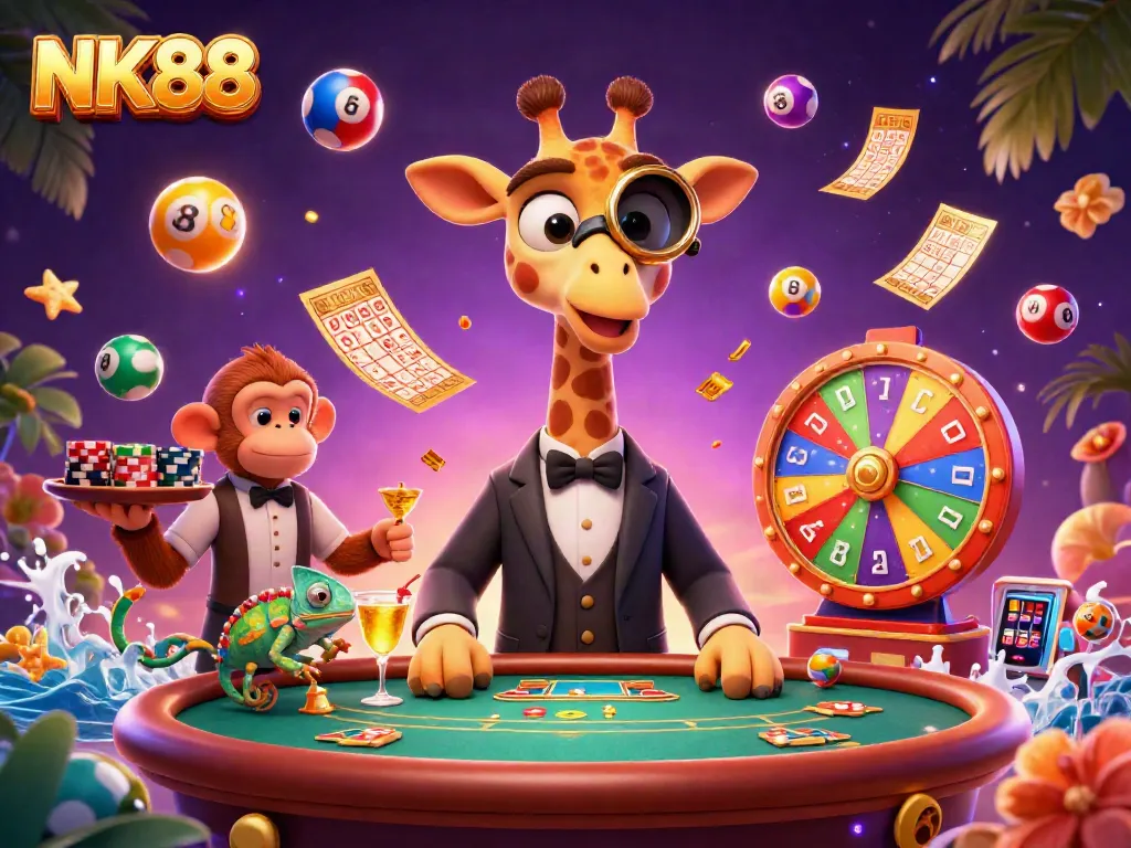 Experience the excitement of NK88 with vibrant lottery balls and playful casino characters in action.